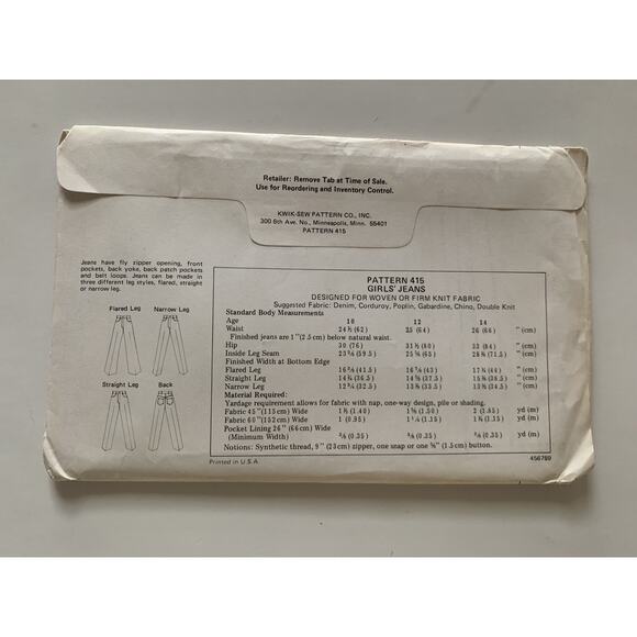 New Uncut 1970s Kwik Sew 415 Pattern Girls 10-14 Straight Flare Narrow Leg Jeans - Picture 2 of 2